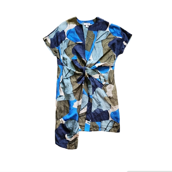 COS Abstract Printed Linen Lyocell Dress W/t Pocket Wrap Tie Front Sz 2 - 19"ptp - Picture 7 of 14